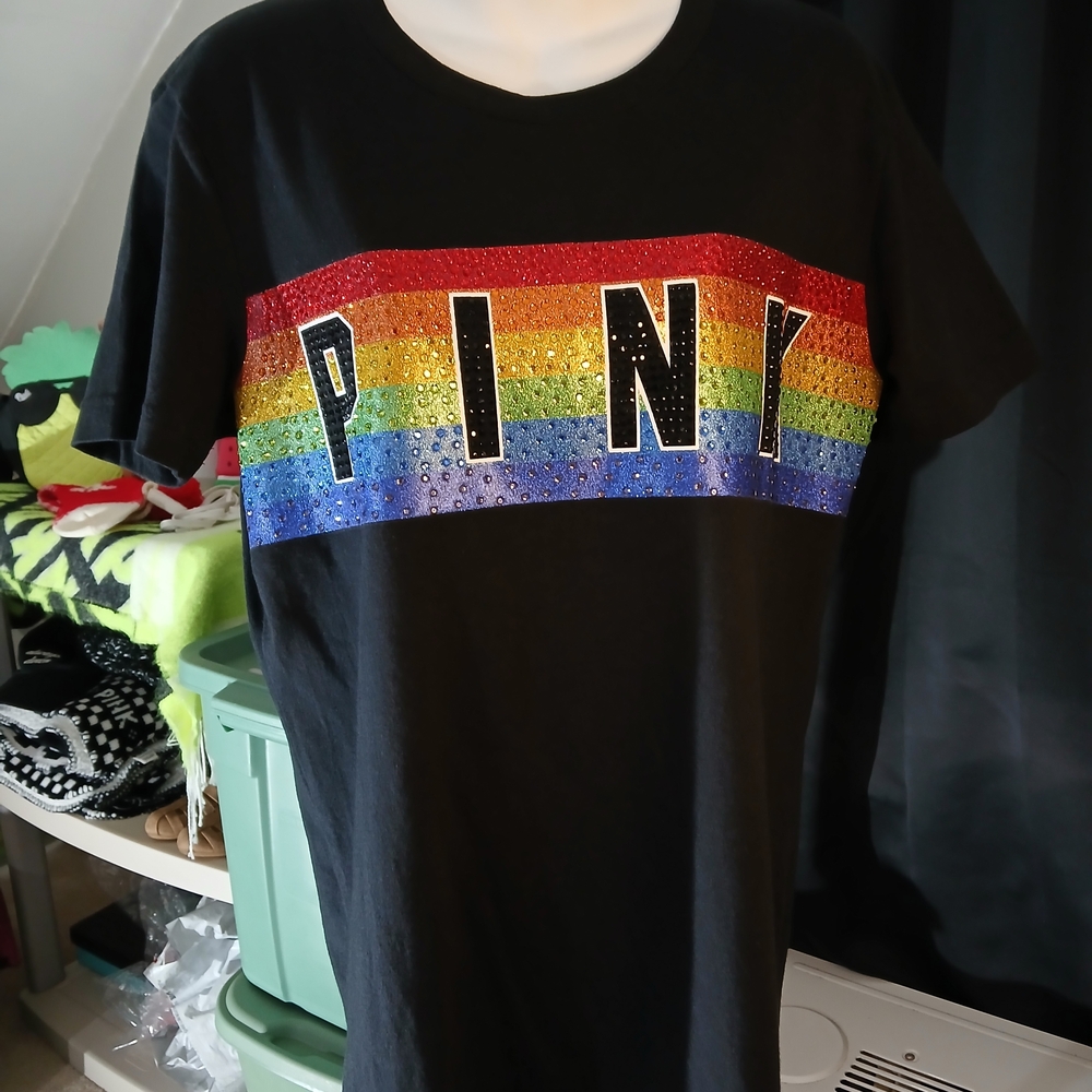 HTF PINK Victoria's Secret Rainbow Gemstone Bling Oversized Tee